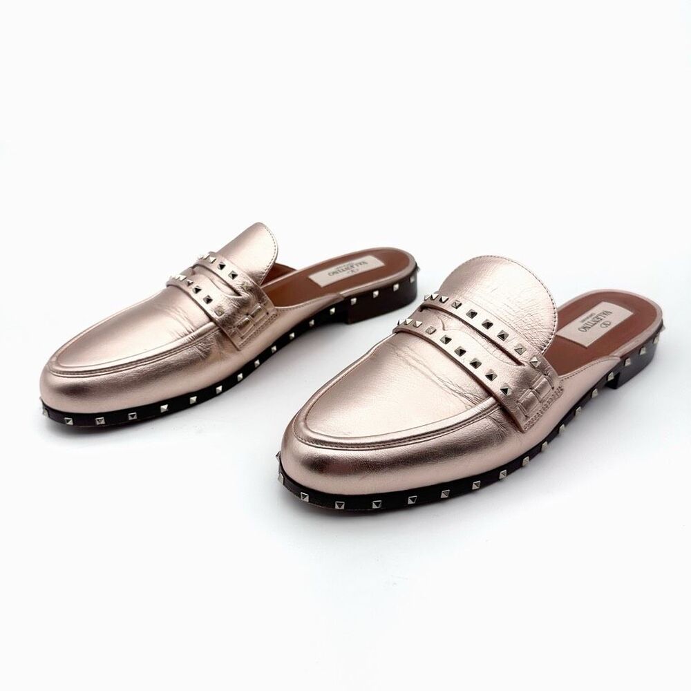 VALENTINO Metallic Rose Gold Soul Rockstud Mules Loafers Size 37 US 7 Micro Stud